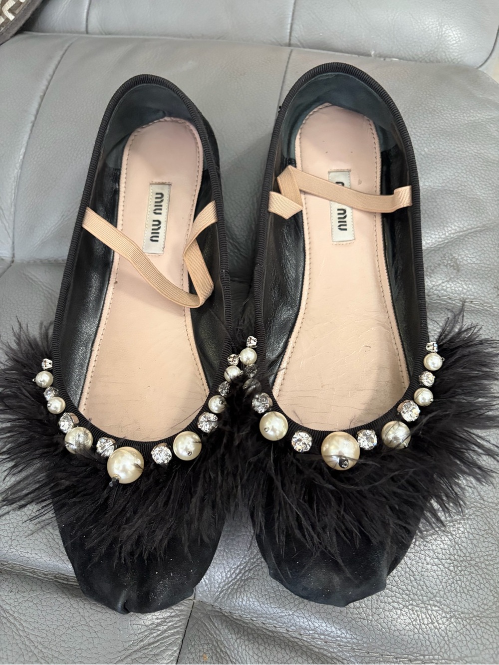 Miu Miu Black Feather Ballet Flats with Pearl & Crystal Trim
